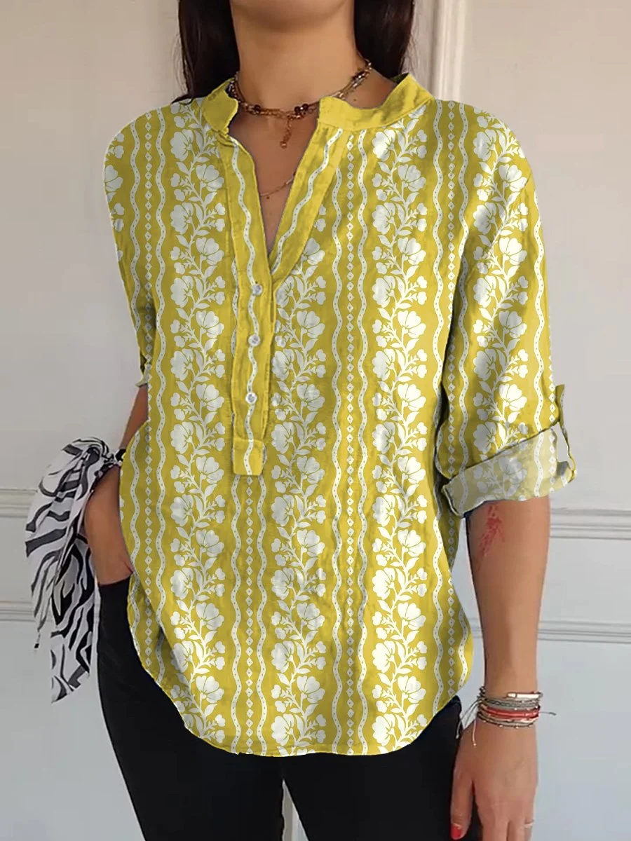Ethnic Floral Pattern Printed Women's Casual Long Sleeve Comfortable Cotton Shirt