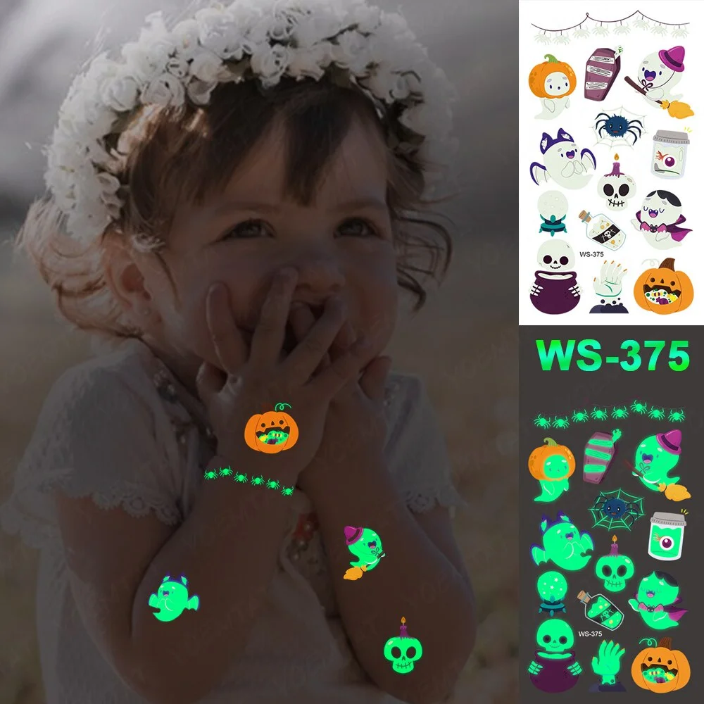 Sdrawing Temporary Luminous Tattoo Sticker Waterproof Pumpkin Skull Tatoo Arm Glowing Tattoos On Child Halloween Party Decor