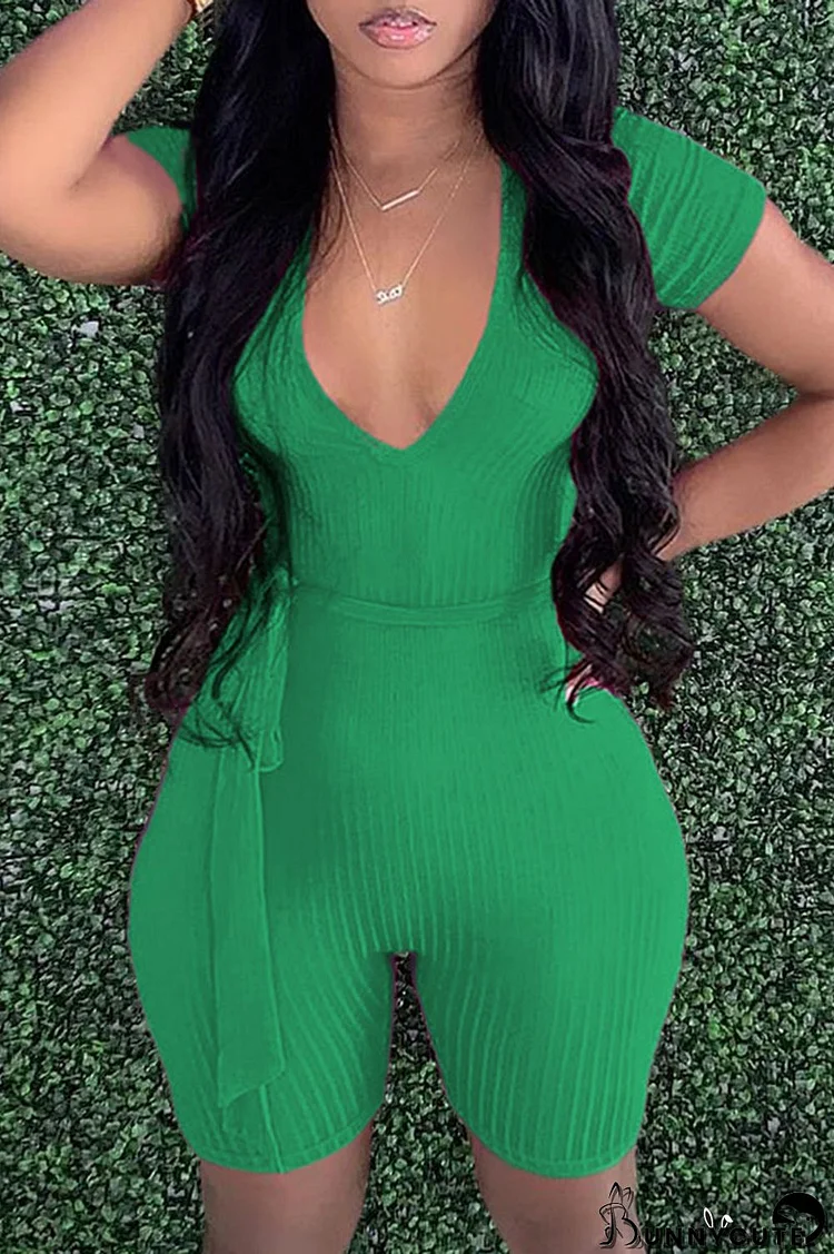 Green Fashion Casual Solid Bandage V Neck Skinny Romper
