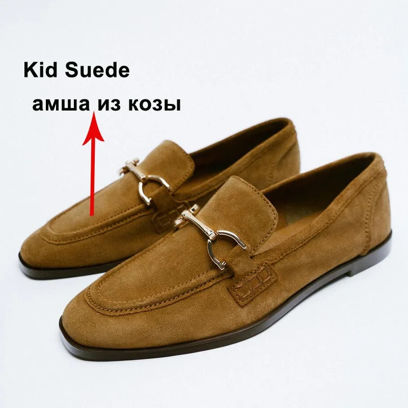 Meotina INS  ZA Women Loafers Shoes Genuine Leather Flat Shoes Metal Decoration Round Toe Ladies Footwear Spring Autumn Black 43