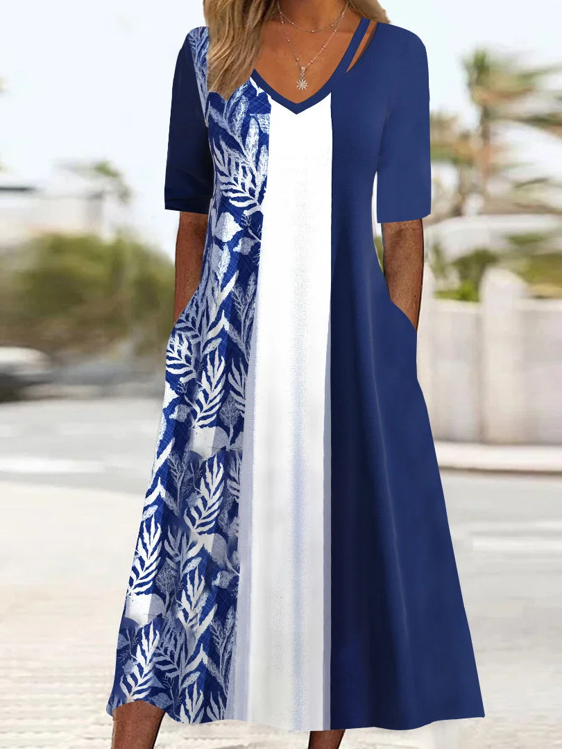 Women's Half Sleeve V-neck Graphic Floral Printed Pockets Midi Dress
