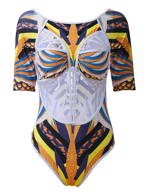 African Totem Print Split-Joint Hollow One-Piece Swimwear 