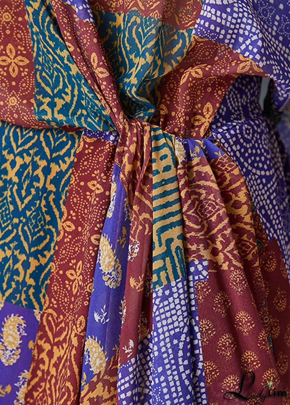 Boho Red Oversized Print Silk Holiday Dress Fall