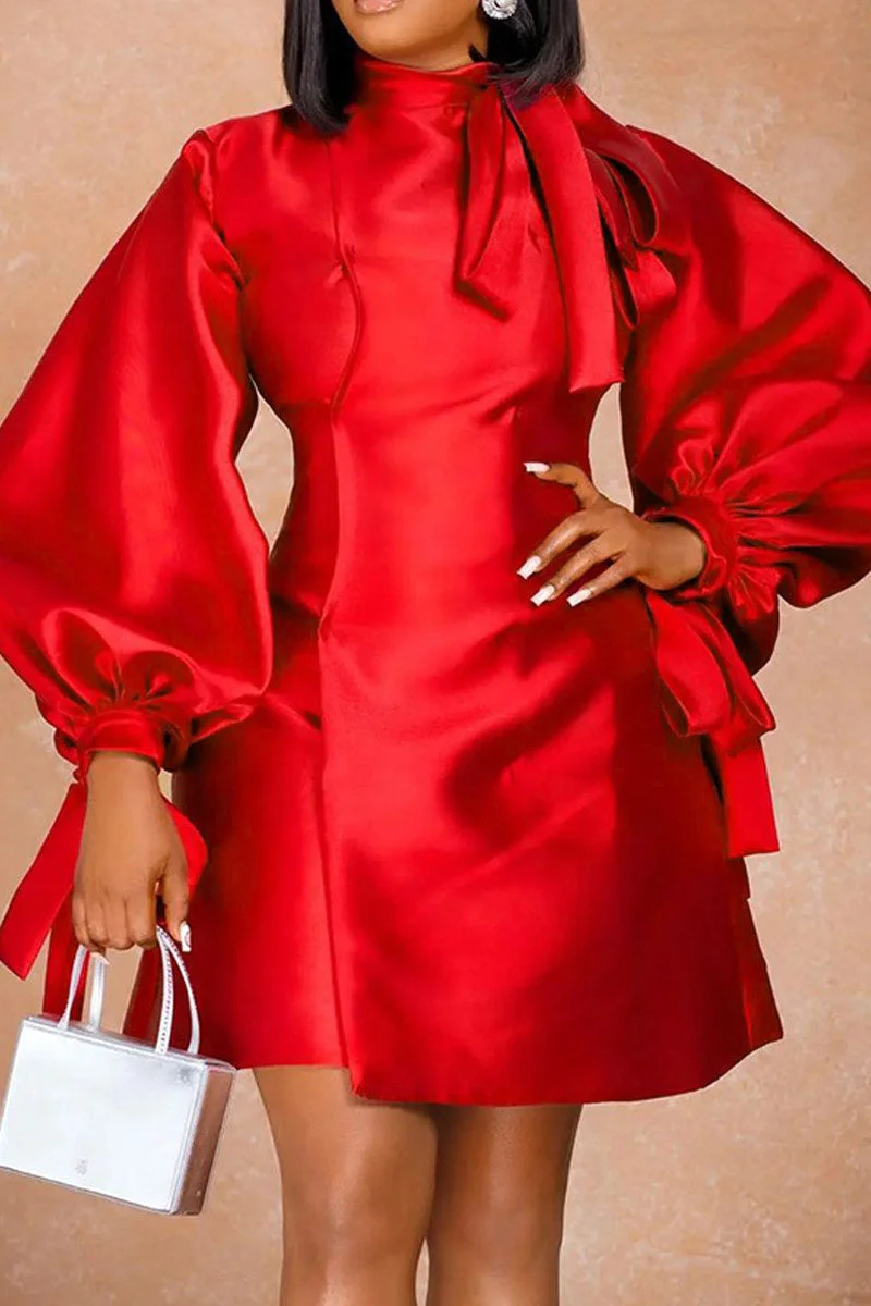 Fashion Casual Solid Patchwork With Bow Half A Turtleneck A Line Dresses