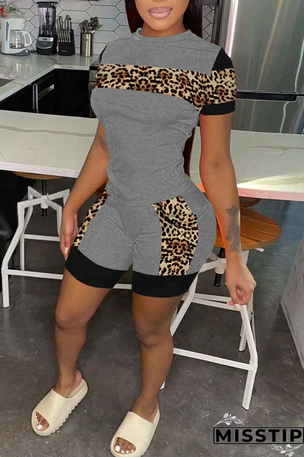 Grey Casual Print Patchwork O Neck Short Sleeve Two Pieces