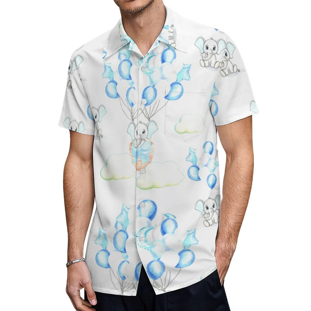 Blue Elephants Balloons Clouds Baby Boy Hawaiian Shirt Mens Button Down Plus Size Tropical Hawaii Beach Shirts