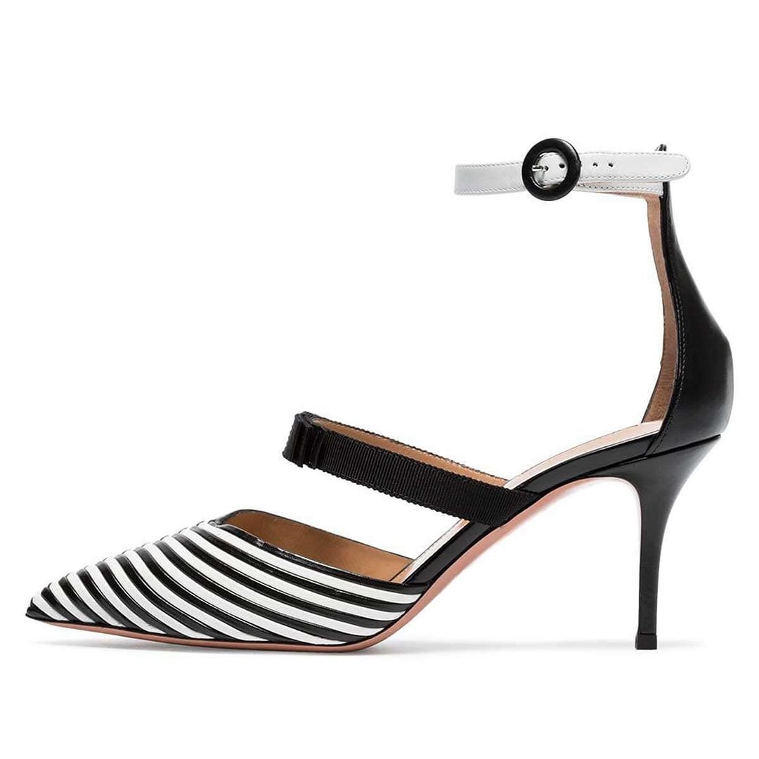 Black and White Stripe Ankle Strap Stiletto Heels Pumps Nicepairs
