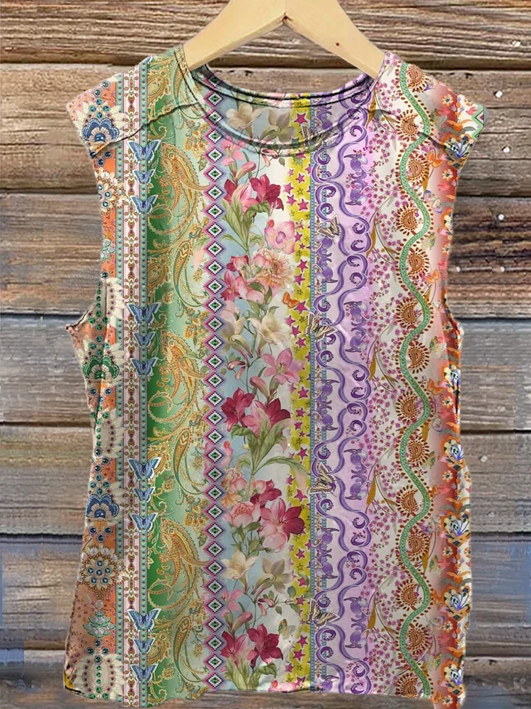 Vintage Floral Art Print 100% Cotton Casual Tank Top