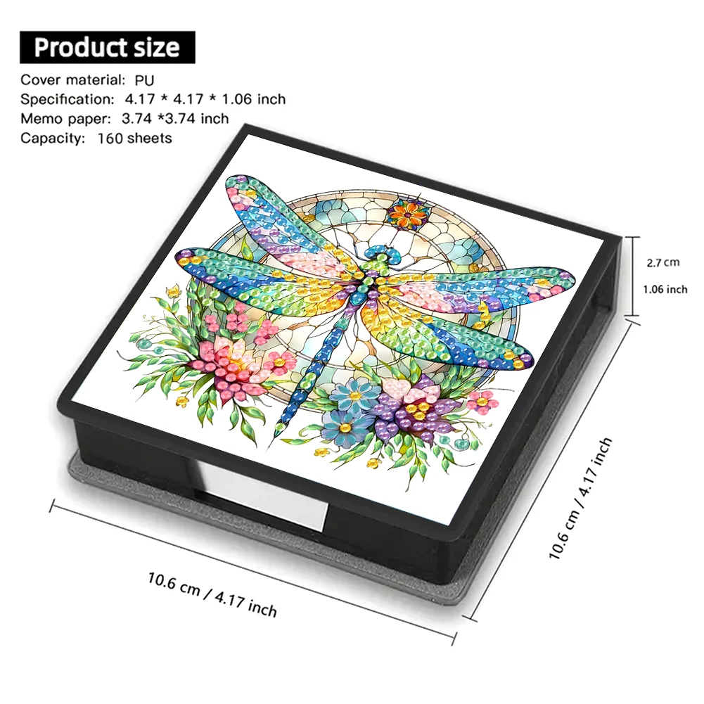 DIY Flower Dragonfly Leather Diamond Art Note Box with 160 Sheets of Paper for Beginners
