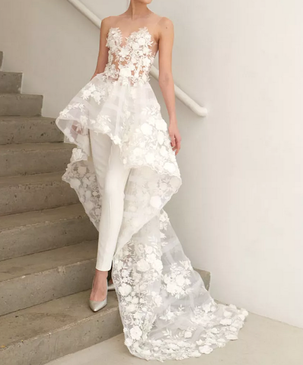 Fashionable Two Pieces Illusion Lace Appliques High Low Jumpsuit Wedding Dress 2023