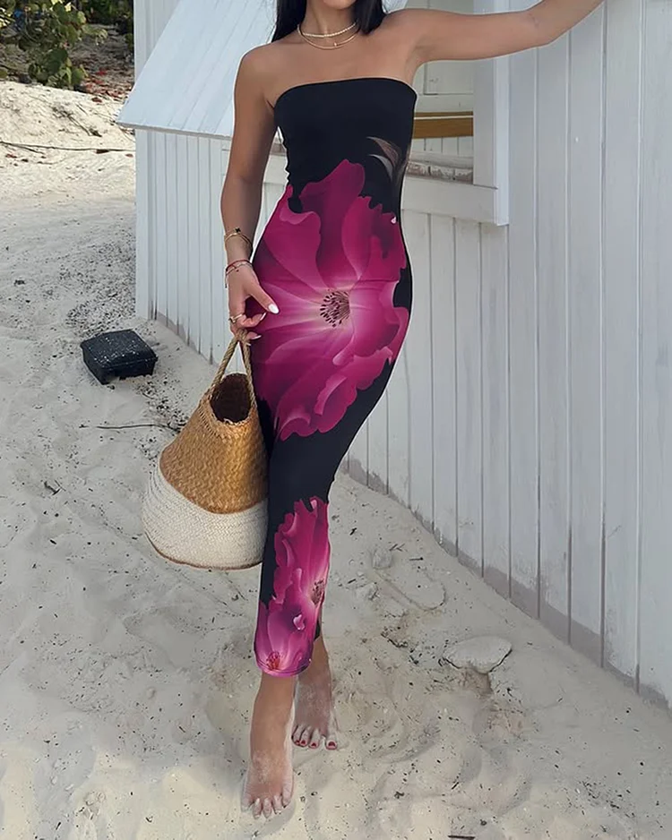 Women's printed tube top holiday dress