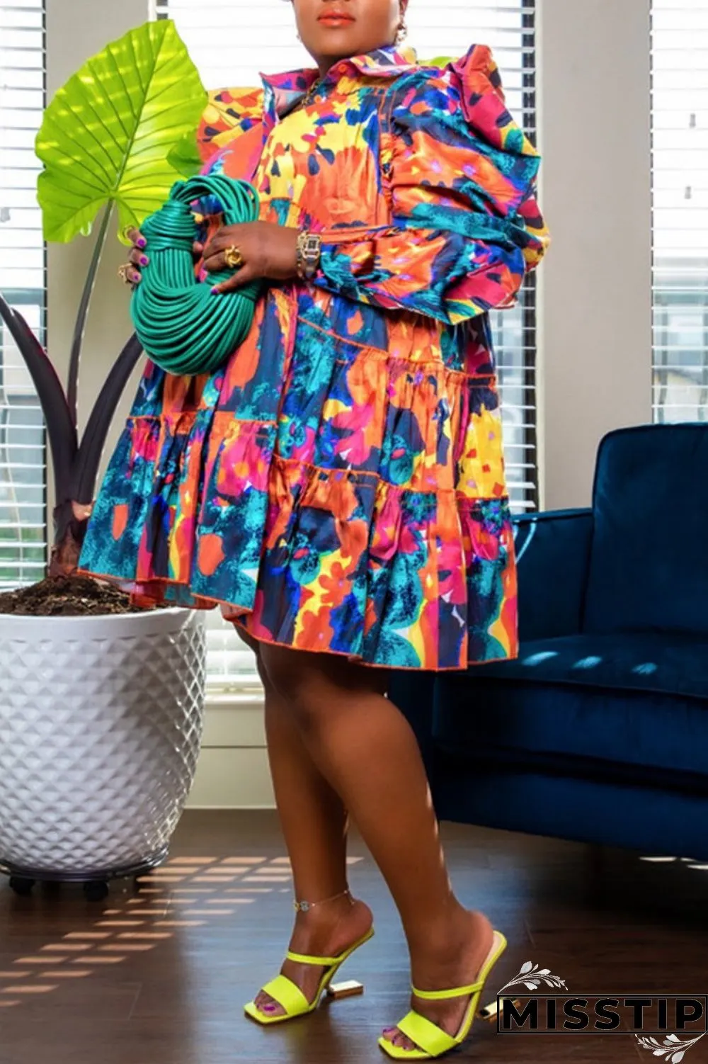 Orange Green Casual Print Patchwork Shirt Collar Shirt Dress Plus Size Dresses