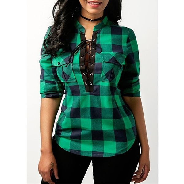 Womens V-neck plaid shirt tops irregular loose plus size ladies T-shirt - BlackFridayBuys