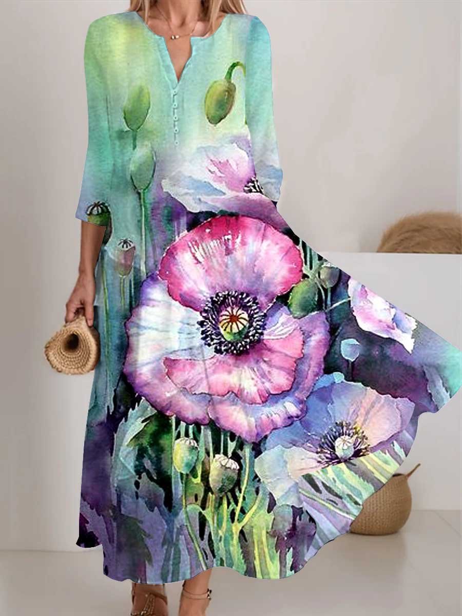 Women's V-Neck  Watercolor Poppy Color Block Pattern Flowing Dress