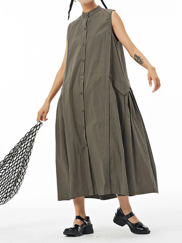Solid Color Pleated Sleeveless Loose Stand Collar Shirt Dress Midi Dresses