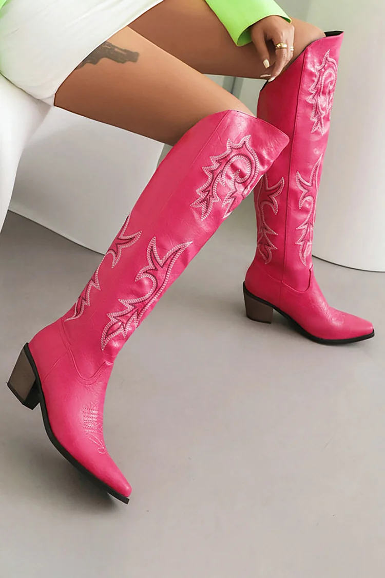 Totem Embroidery V Groove Pointy Toe Knee High Boots
