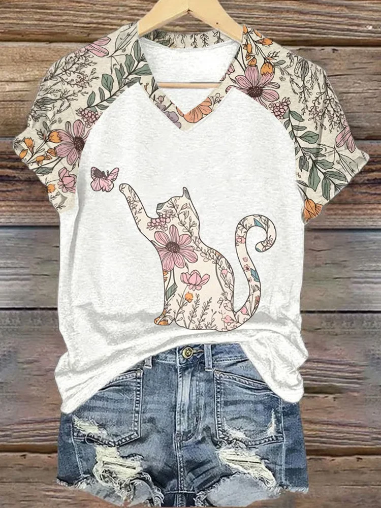 Utbros Women's Wildflower Kitten Print V-neck T-shirt