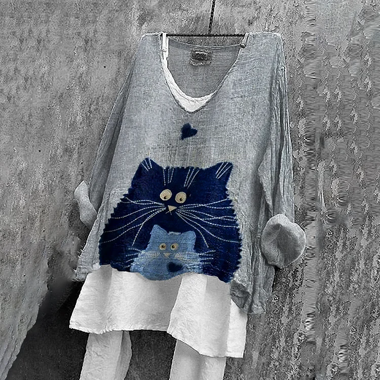 Vintage Abstract Cat Embroidered Art Linen Blend Blouse