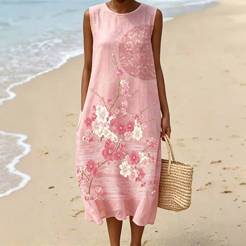 Women's Retro Japanese Cherry Blossom Art Print Linen Blend Slip Dress wearshes