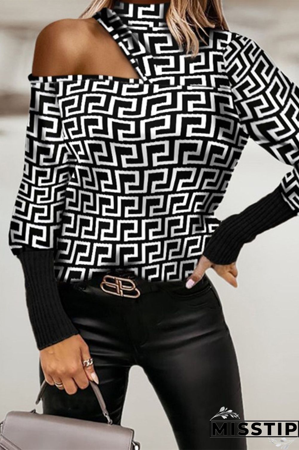 Brown Fashion Casual Print Hollowed Out Turtleneck Tops