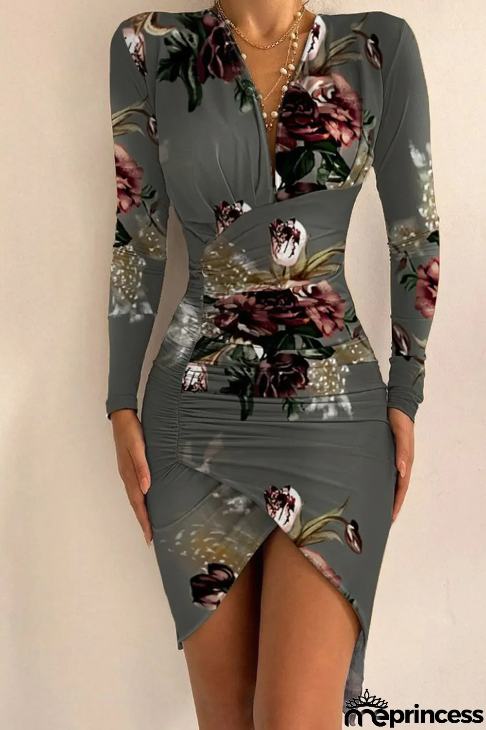 Leopard Print Sexy Print Split Joint Fold Asymmetrical V Neck Irregular Dress Dresses