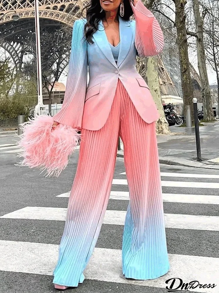 Women's Sets Gradient Pleated Blazers & Slim Pants Two-Piece Set