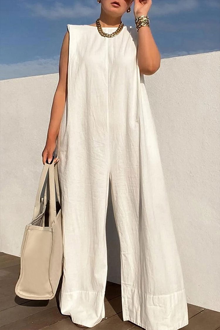 Xpluswear Plus Size White Casual Round-neck Sleeveless Wide Leg Jumpsuits [Pre-Order]