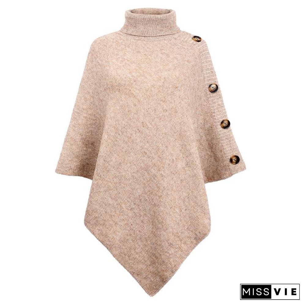 High Neck Plain Button Embellished Sweater Shawl