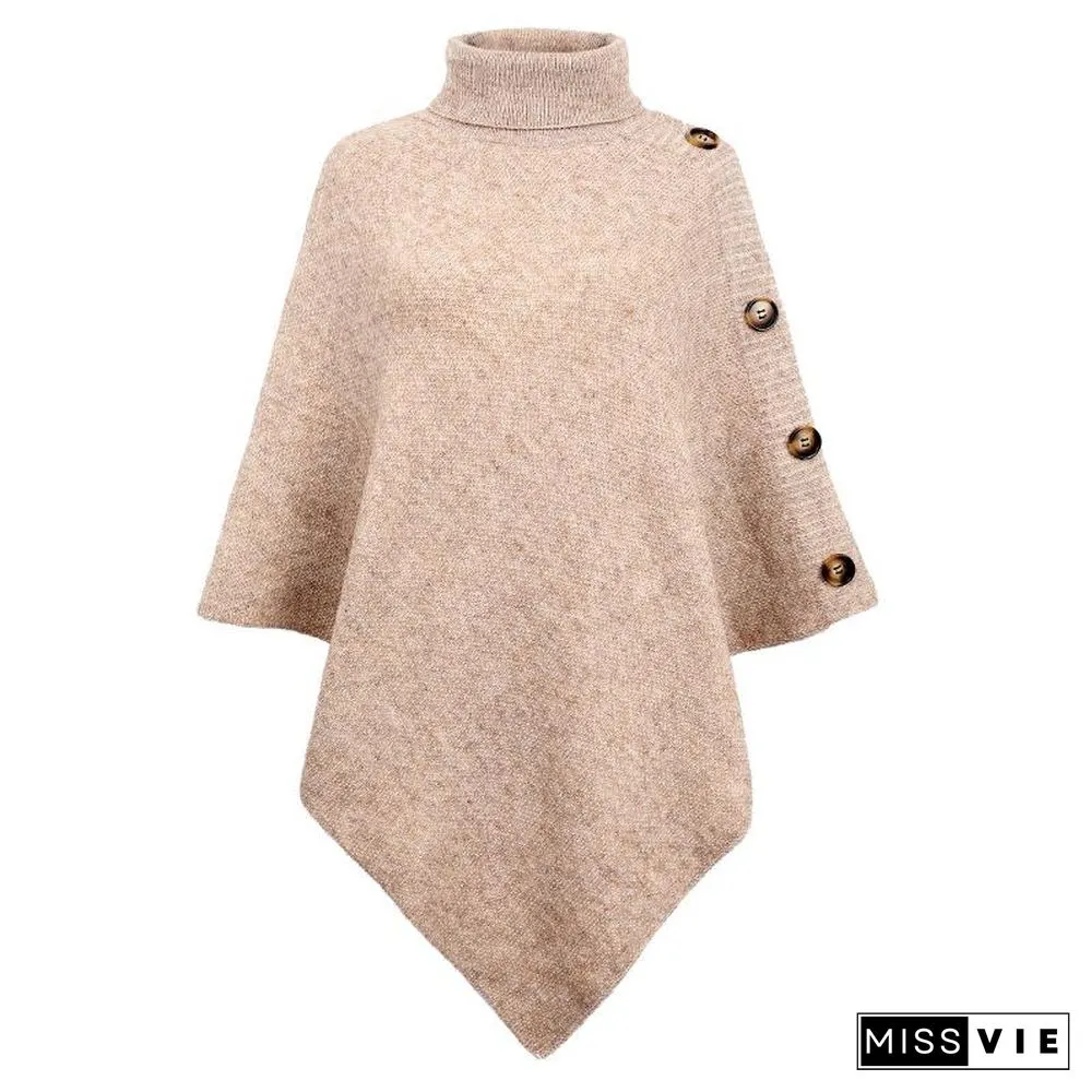 High Neck Plain Button Embellished Sweater Shawl