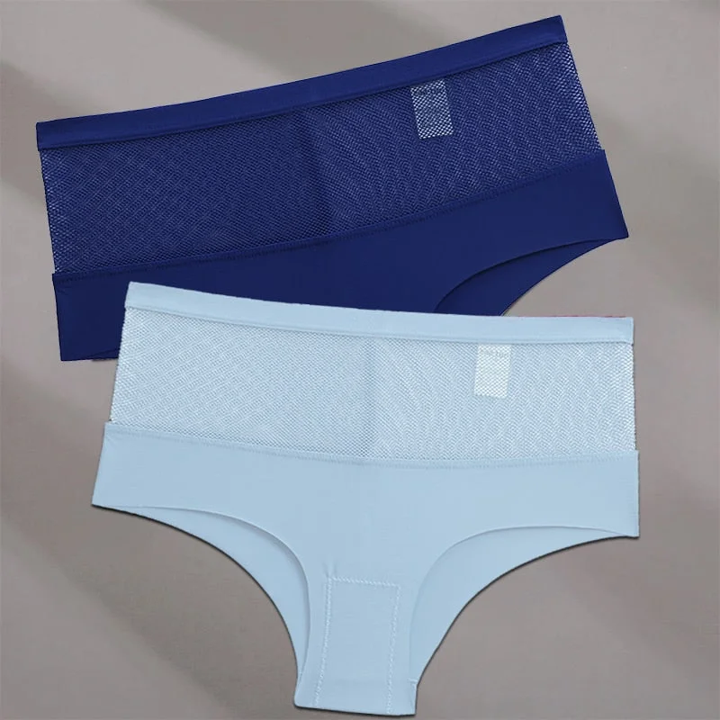 FINETOO 2PCS/Set Seamless Mesh Women Pantys Girls Thongs High Waisted Woman Brief Fashion M-XL Sexy Underpants Lingerie Panties