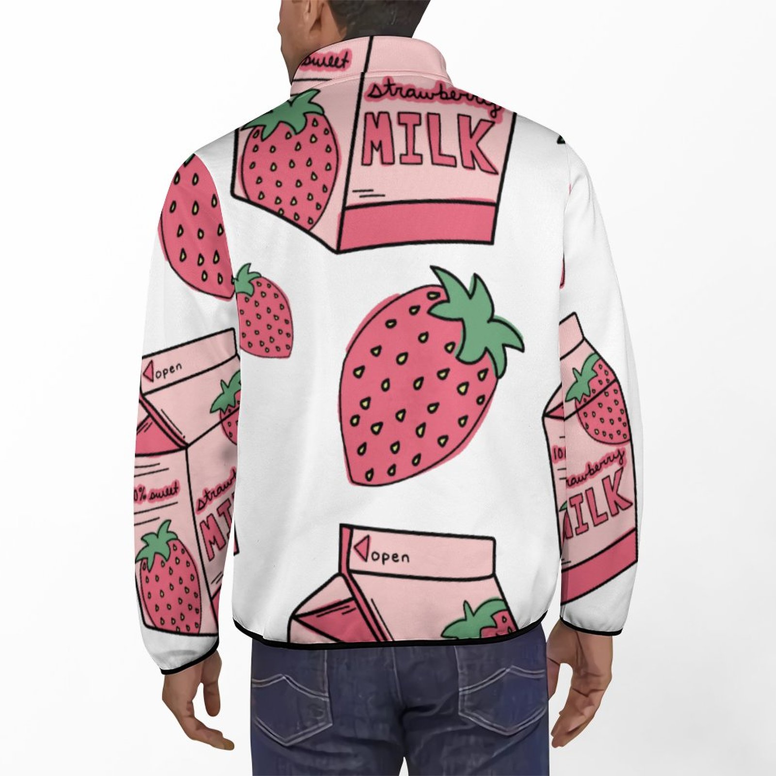 S-6XL Adorable Pink Strawberry Milk Mens Sweatshirt Casual Long Sleeve Outdoor Stand Collar Button Pullover Sweatshirts