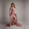 Maternity Pink Long Chiffon Photography Dress Lace Photo Shoot Prop