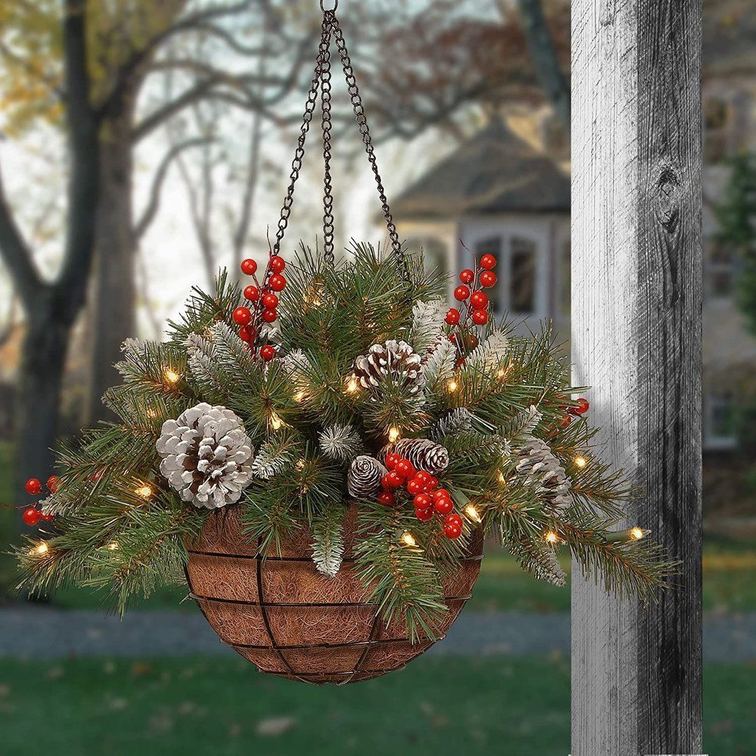 🎄 Pre-lit Artificial Christmas Hanging Basket - Flocked with Mixed Decorations and White LED Lights - Frosted Berry