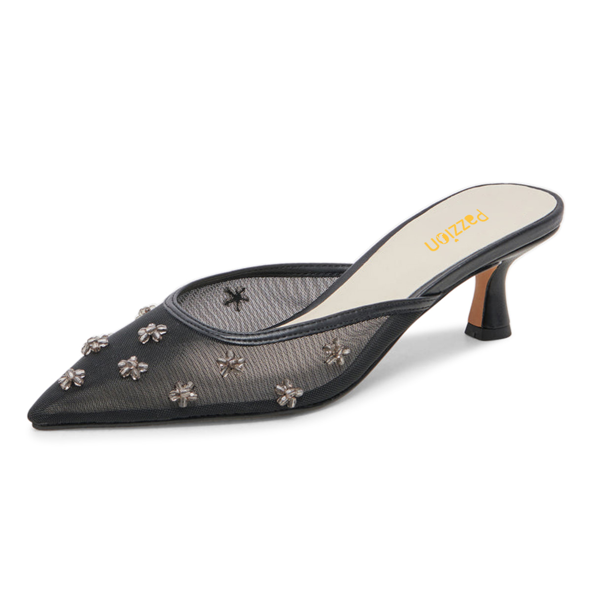 Black Crystal Floral Mesh Pointed Toe Kitten Heel Mule Shoes for Women Nicepairs