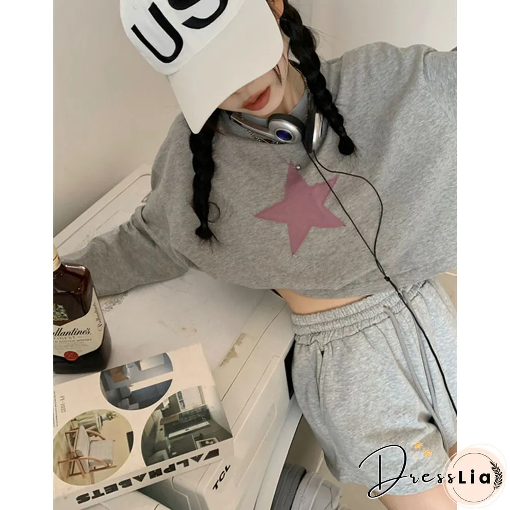 Fairycore Hoodies Women Grunge Pentagram Pattern Long Sleeve Crop Tops Y2k Aesthetic
