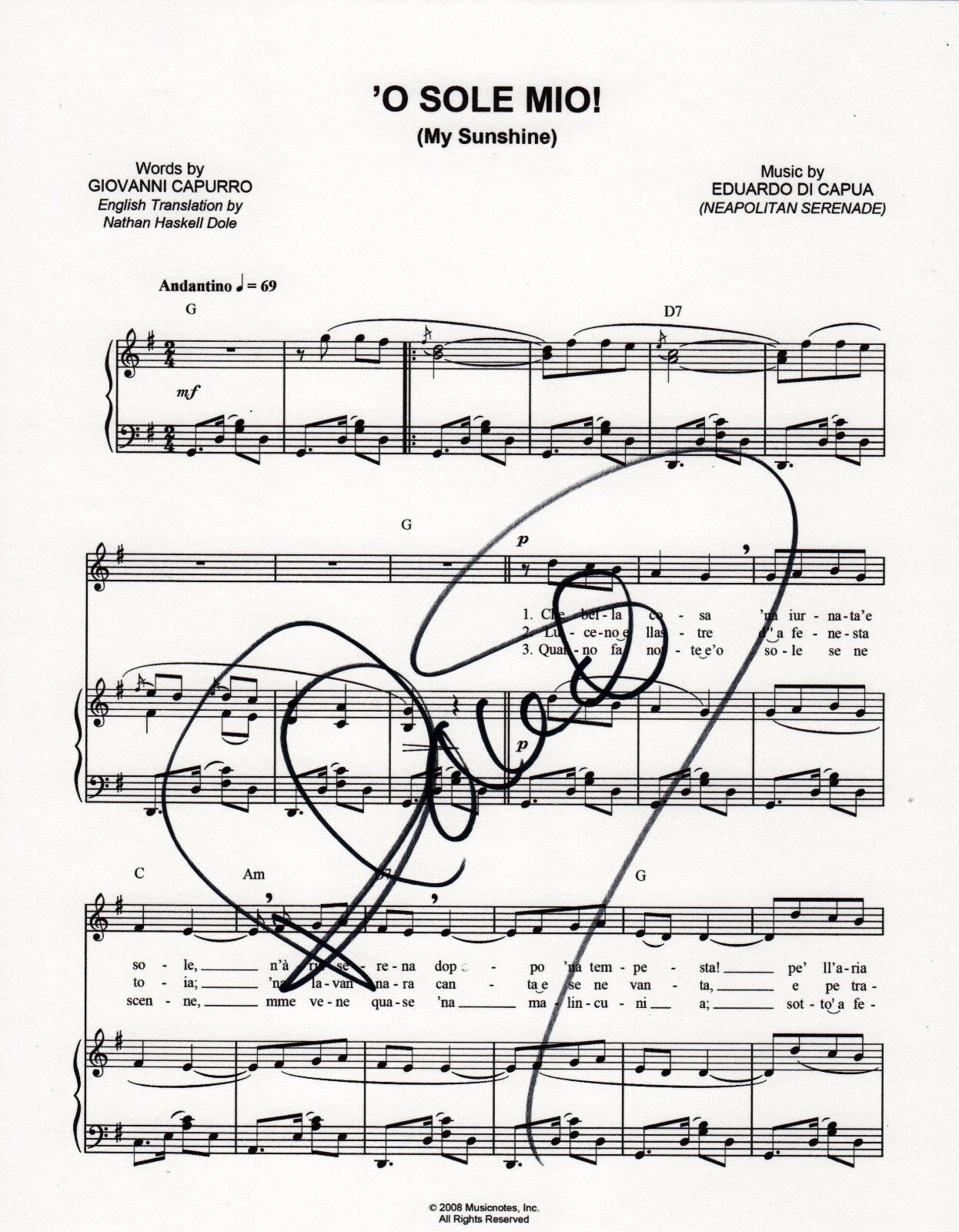 Placido Domingo SIGNED 'O Sole Mio! My Sunshine music sheet COA #1 Three Tenors