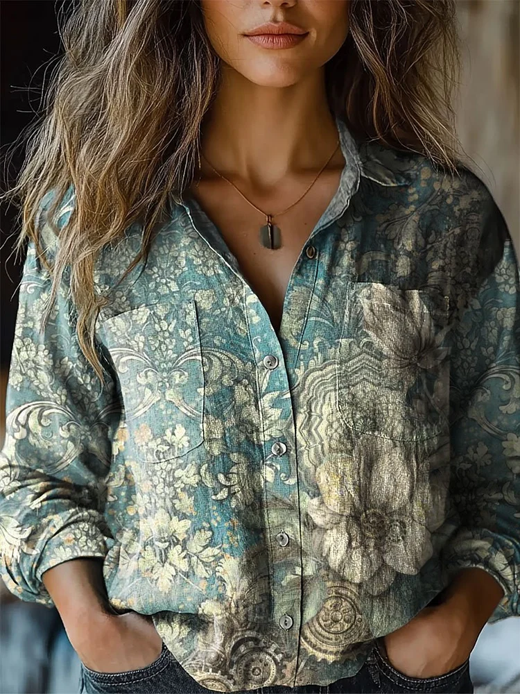 Women's Vintage Print Casual Long Sleeve Comfortable Cotton Shirt