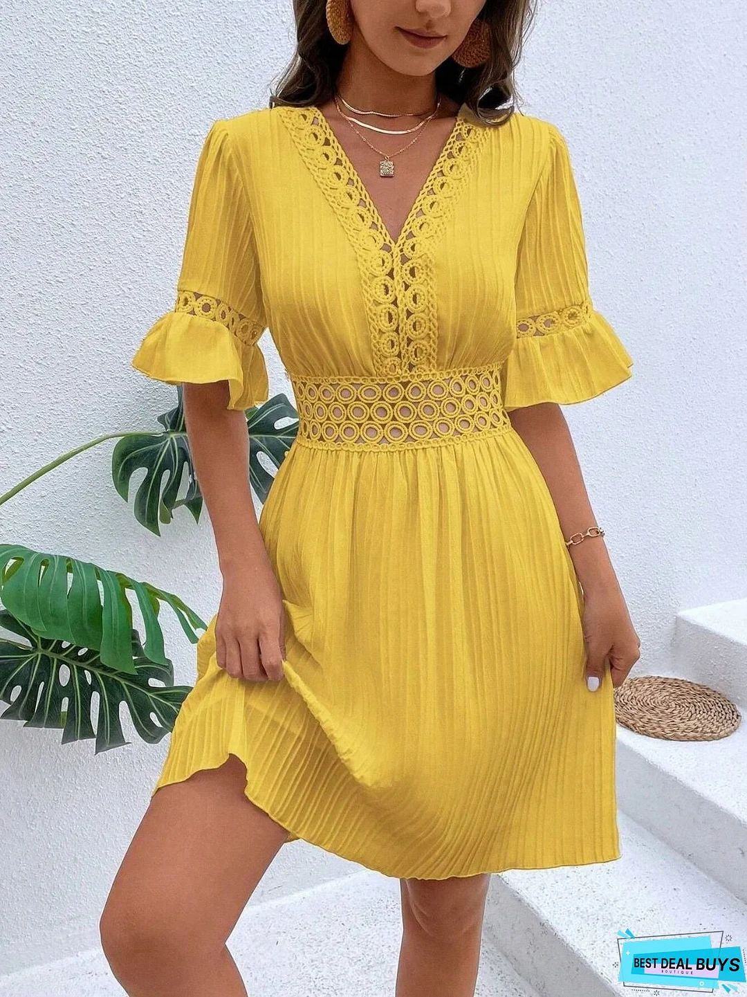 Cutout V-Neck Flounce Sleeve Mini Dress