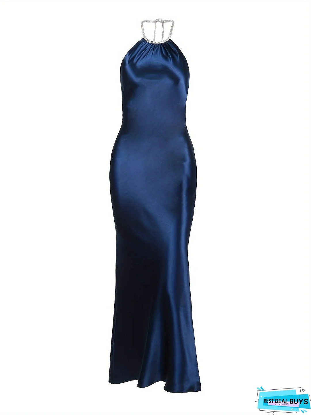 Halter Neck Backless Dress, Elegant Solid Ruched Sheath Floor Length Halter Dress, Women's Clothing