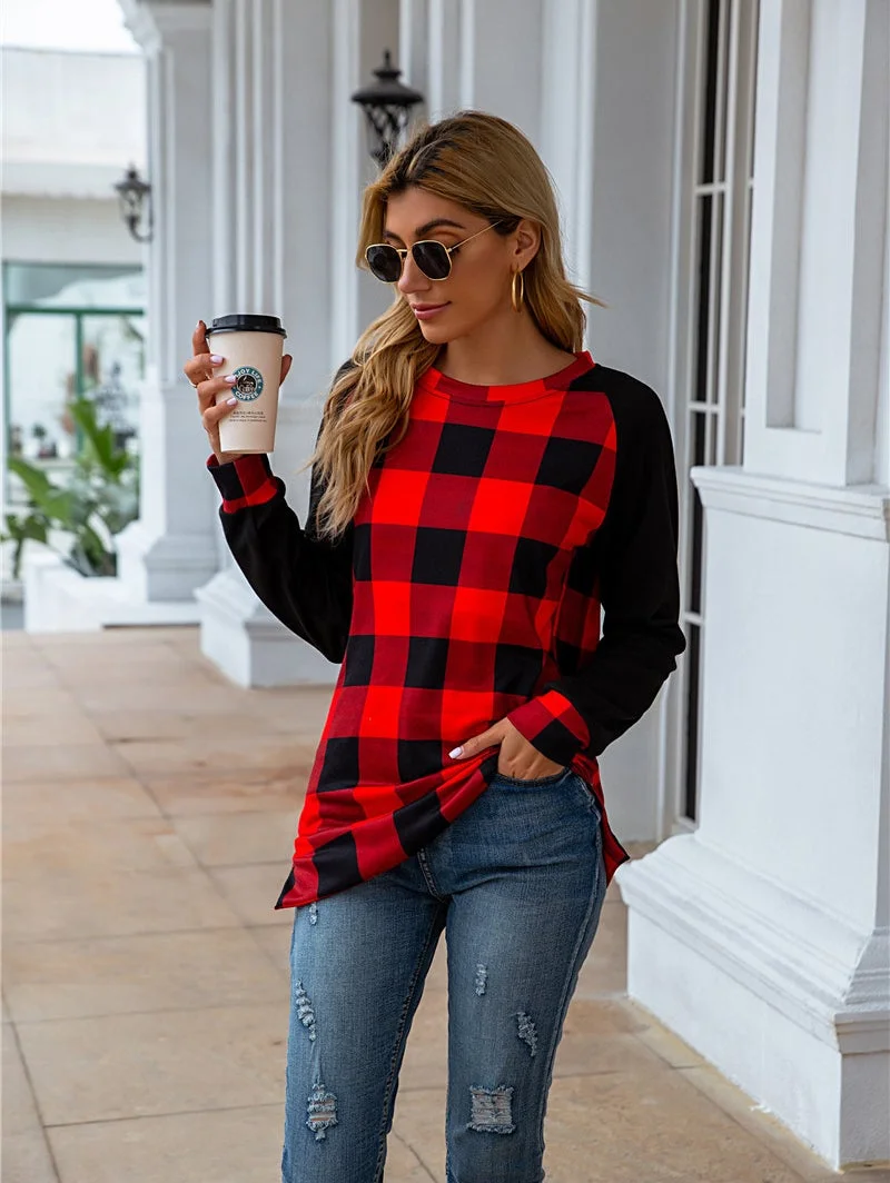 Plaid O-Neck Splicing Cardigan Women's Sweatshirt