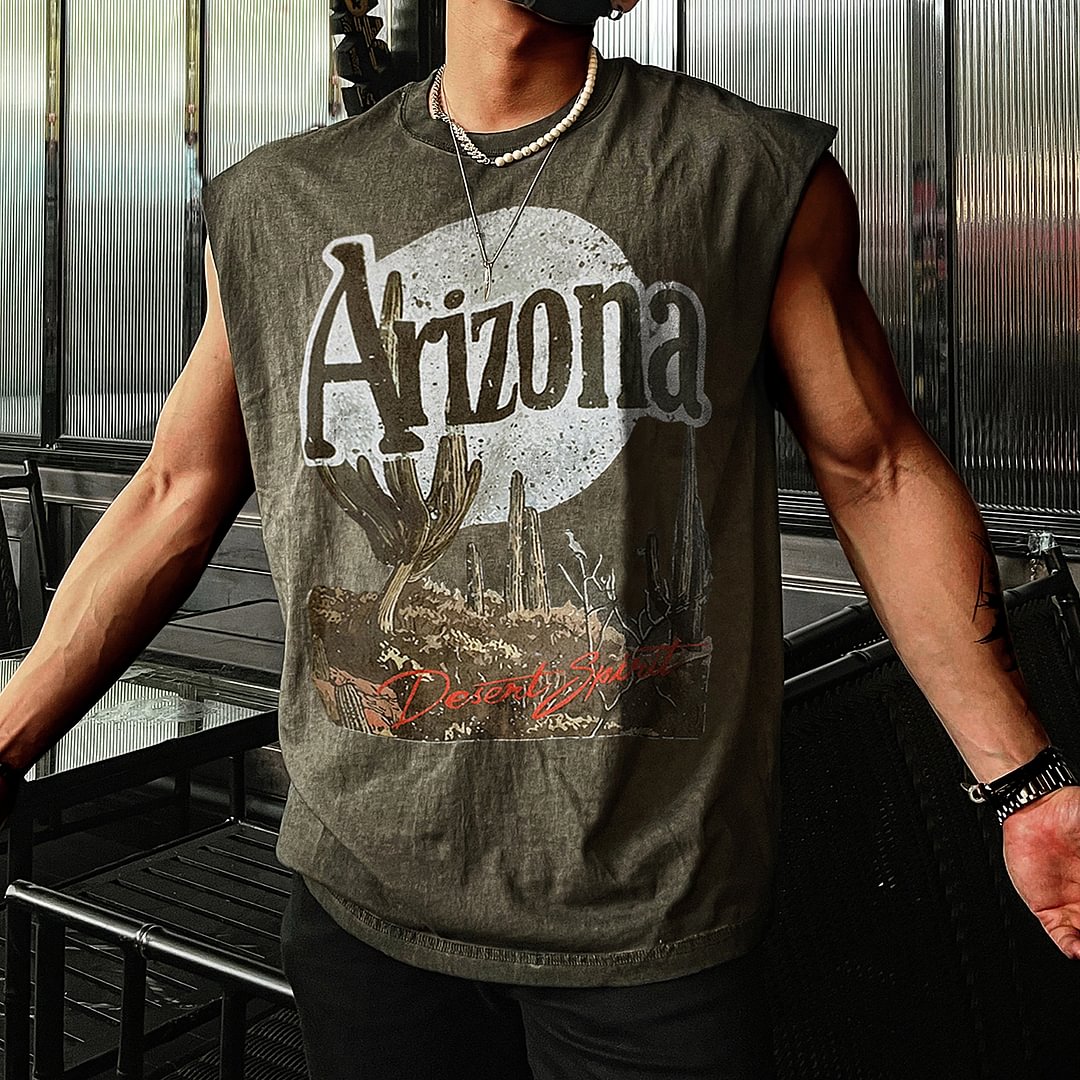 Retro Men's Arizona Print Tank Top Oversized Sleeveless T-shirt、、URBENIE