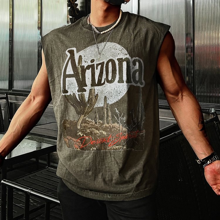 Retro Men's Arizona Print Tank Top Oversized Sleeveless T-shirt