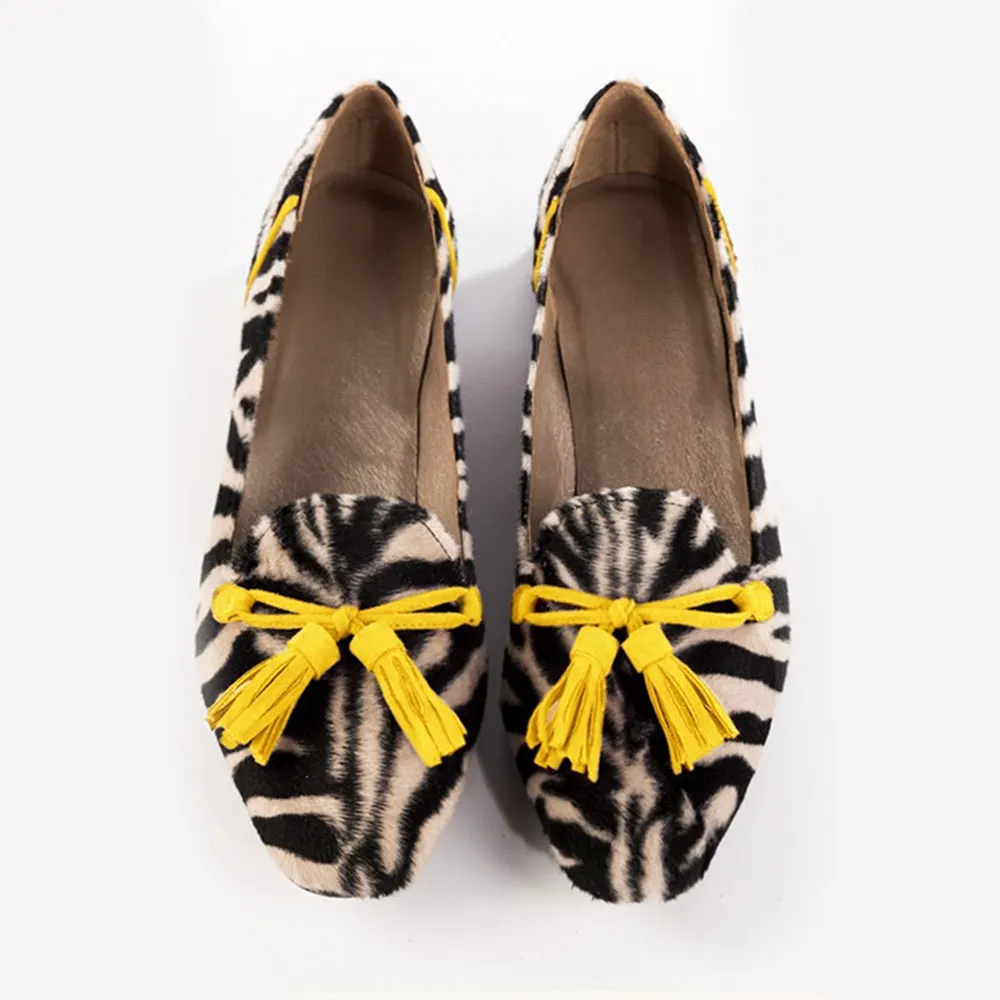 Black and Beige Round Toe Zebra Print Women's Loafers with Tassels