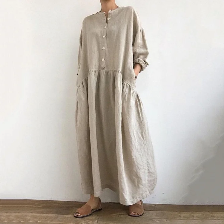 Simpfit Einfarbiges Midikleid aus Baumwolle und Leinen mit Knöpfen für Damen