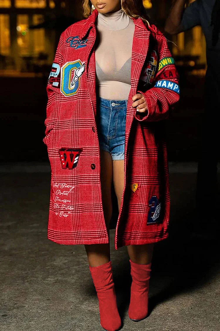 Plus Size Daily Coat Red Graphic Letter Print Coat With Pocket