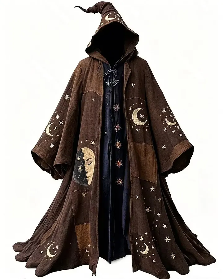 Men's Summer Fashion Hippie Style Star and Moon Print Linen Hooded Cape 9592