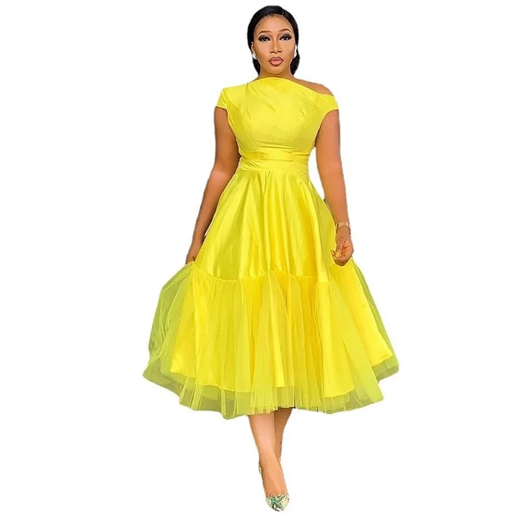 African Long Dress Women Slash Neck High Waist Gown Robes Summer New Mesh Splice Elegant Chic Sexy African Party Dress Vestidos QueenFunky