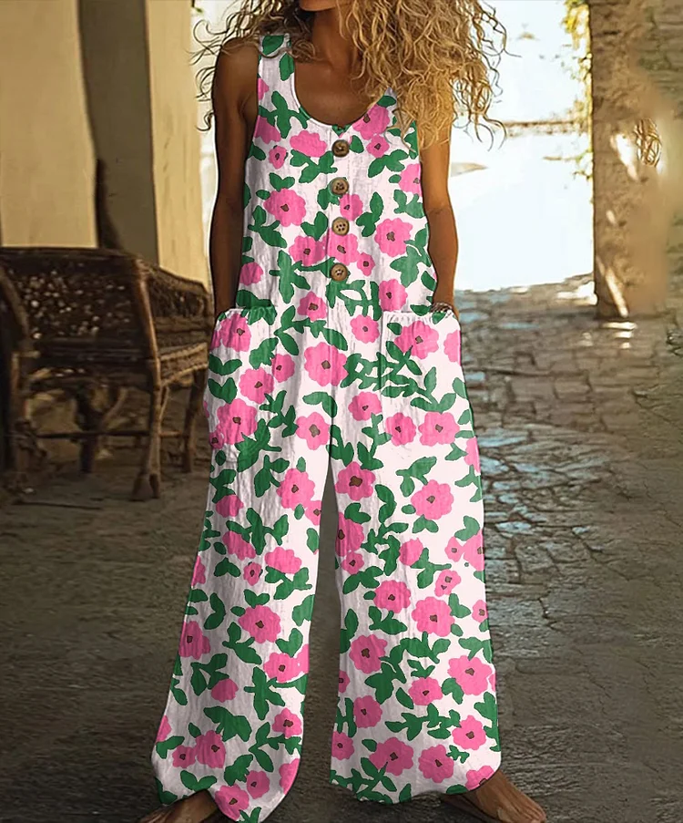 Vintage Floral Print Casual Wide-leg Jumpsuit
