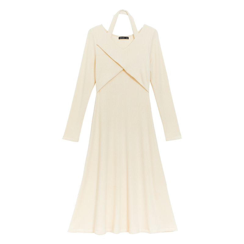 Westlink Spring New Casual Sle Long Sleeve Knitted Dress Women V-Neck Hanging Neck Black Dress High Waist A-Line Skirt