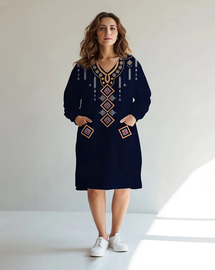 Plus Size Women's Ethnic Print On Neckline Casual Pocket V Neck Dress